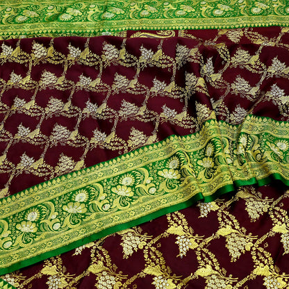Vintage Banarasi Saree Pure Satin Silk Woven Brocade Zari Fabric Maroon & Green Heavy Craft Sari 5 Yards Indian Antique Textile Dress Making