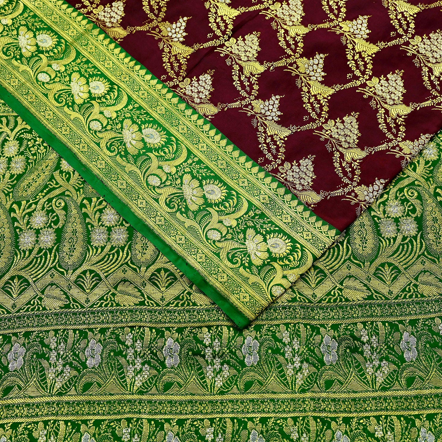 Vintage Banarasi Saree Pure Satin Silk Woven Brocade Zari Fabric Maroon & Green Heavy Craft Sari 5 Yards Indian Antique Textile Dress Making