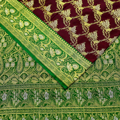 Vintage Banarasi Saree Pure Satin Silk Woven Brocade Zari Fabric Maroon & Green Heavy Craft Sari 5 Yards Indian Antique Textile Dress Making