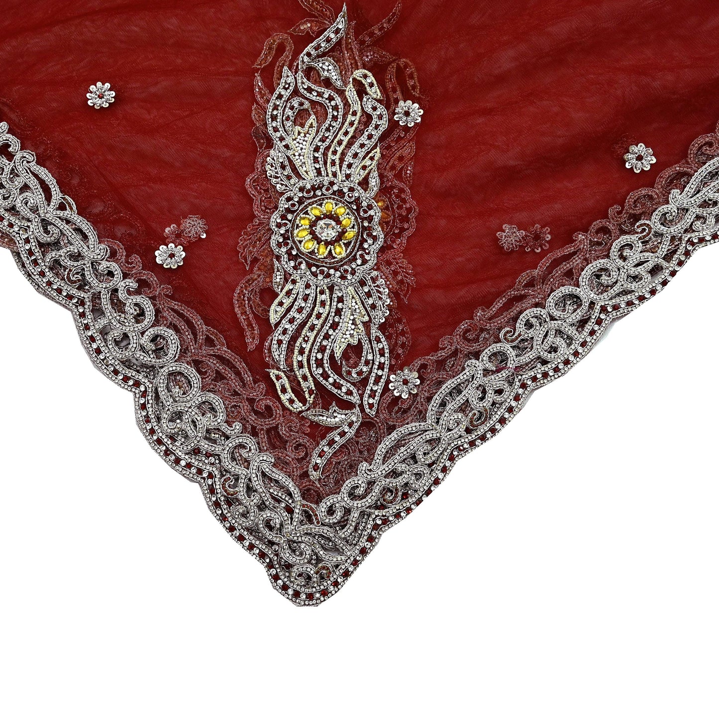 Indian Vintage Heavy Bridal Red Dupatta Net Mesh Long Stole Hand Embroidered Scarves Zardozi Dabka Zari Wedding dupatta veil hijab