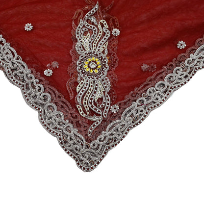 Indian Vintage Heavy Bridal Red Dupatta Net Mesh Long Stole Hand Embroidered Scarves Zardozi Dabka Zari Wedding dupatta veil hijab