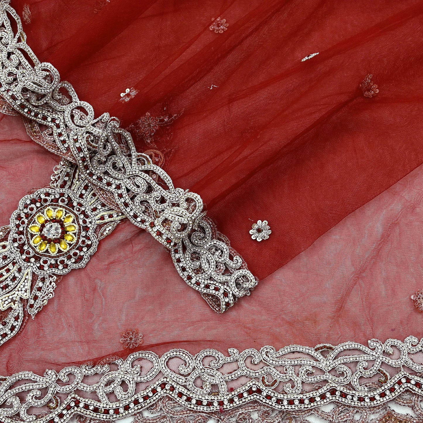 Indian Vintage Heavy Bridal Red Dupatta Net Mesh Long Stole Hand Embroidered Scarves Zardozi Dabka Zari Wedding dupatta veil hijab