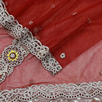 Indian Vintage Heavy Bridal Red Dupatta Net Mesh Long Stole Hand Embroidered Scarves Zardozi Dabka Zari Wedding dupatta veil hijab