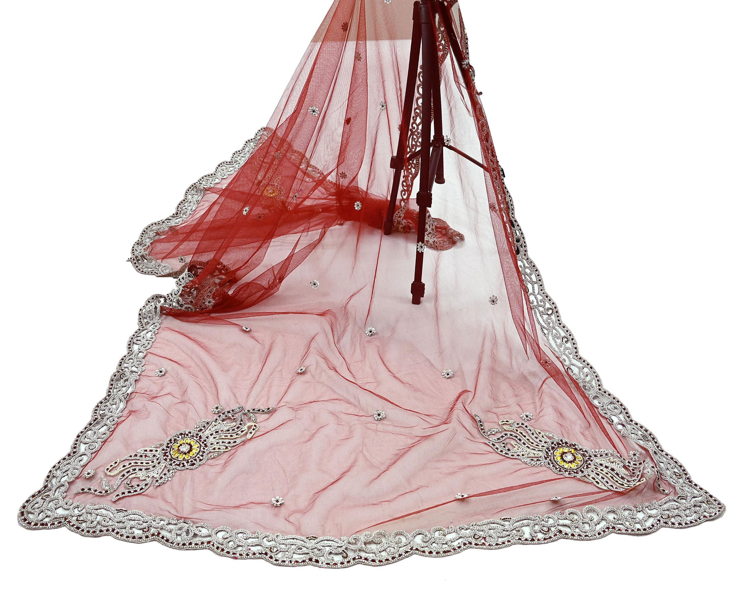 Indian Vintage Heavy Bridal Red Dupatta Net Mesh Long Stole Hand Embroidered Scarves Zardozi Dabka Zari Wedding dupatta veil hijab