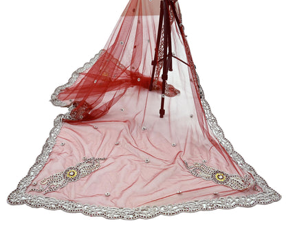 Indian Vintage Heavy Bridal Red Dupatta Net Mesh Long Stole Hand Embroidered Scarves Zardozi Dabka Zari Wedding dupatta veil hijab
