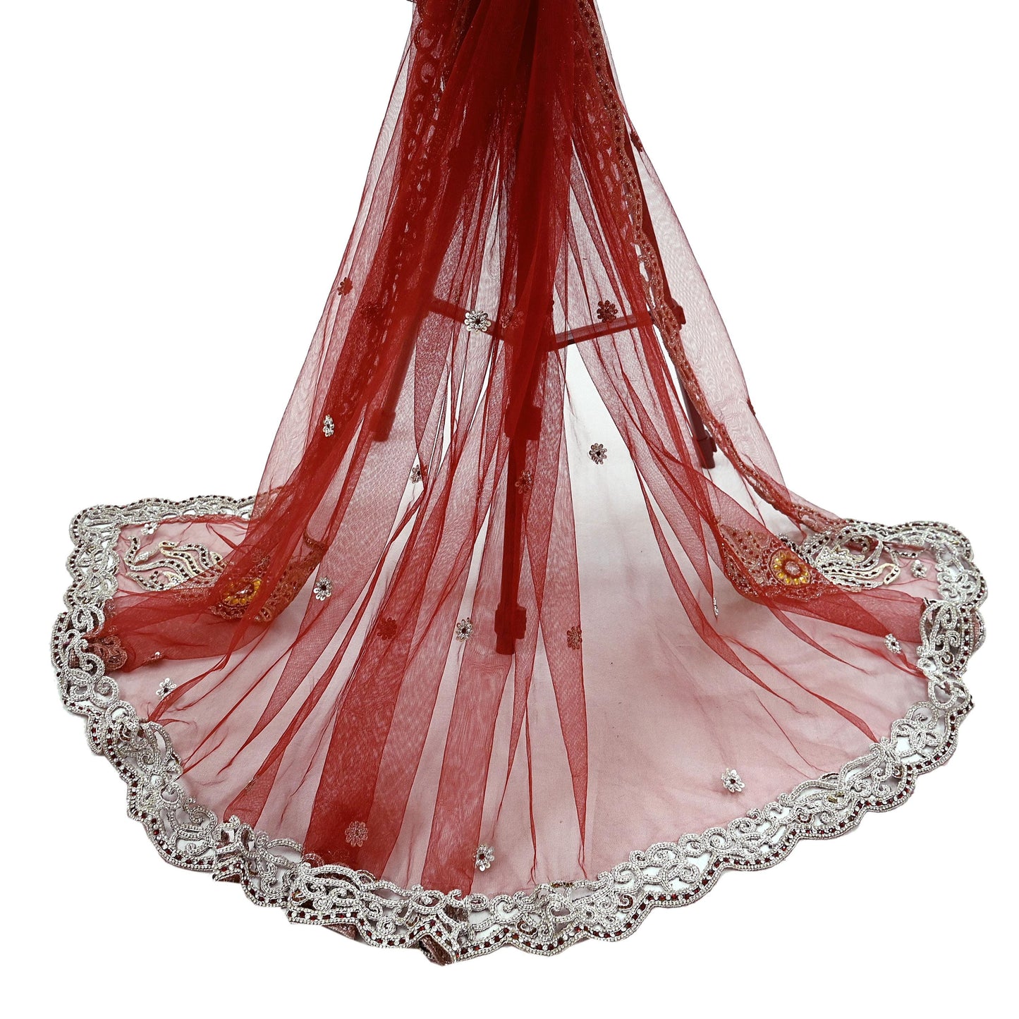 Indian Vintage Heavy Bridal Red Dupatta Net Mesh Long Stole Hand Embroidered Scarves Zardozi Dabka Zari Wedding dupatta veil hijab