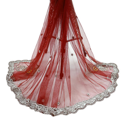 Indian Vintage Heavy Bridal Red Dupatta Net Mesh Long Stole Hand Embroidered Scarves Zardozi Dabka Zari Wedding dupatta veil hijab