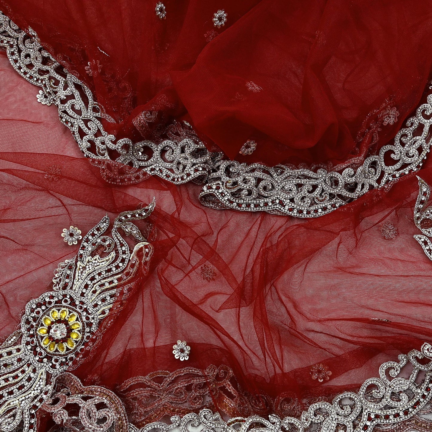 Indian Vintage Heavy Bridal Red Dupatta Net Mesh Long Stole Hand Embroidered Scarves Zardozi Dabka Zari Wedding dupatta veil hijab