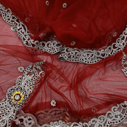 Indian Vintage Heavy Bridal Red Dupatta Net Mesh Long Stole Hand Embroidered Scarves Zardozi Dabka Zari Wedding dupatta veil hijab
