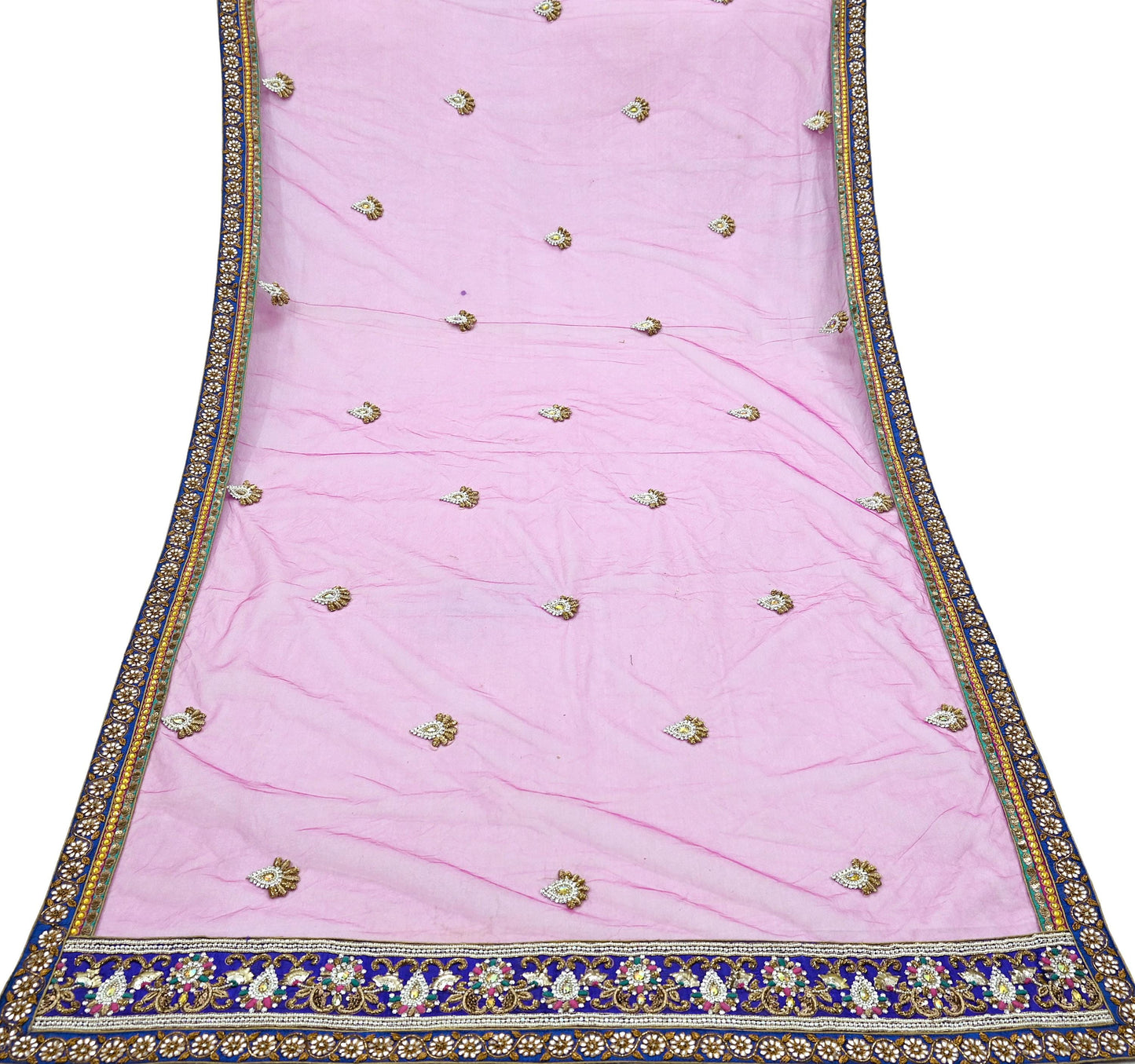 Indian Vintage Heavy Bridal Pink Dupatta Net Mesh Long Stole Hand Embroidered Scarves Golden Zardozi Dabka Zari Sequins Wedding Veil Hijab