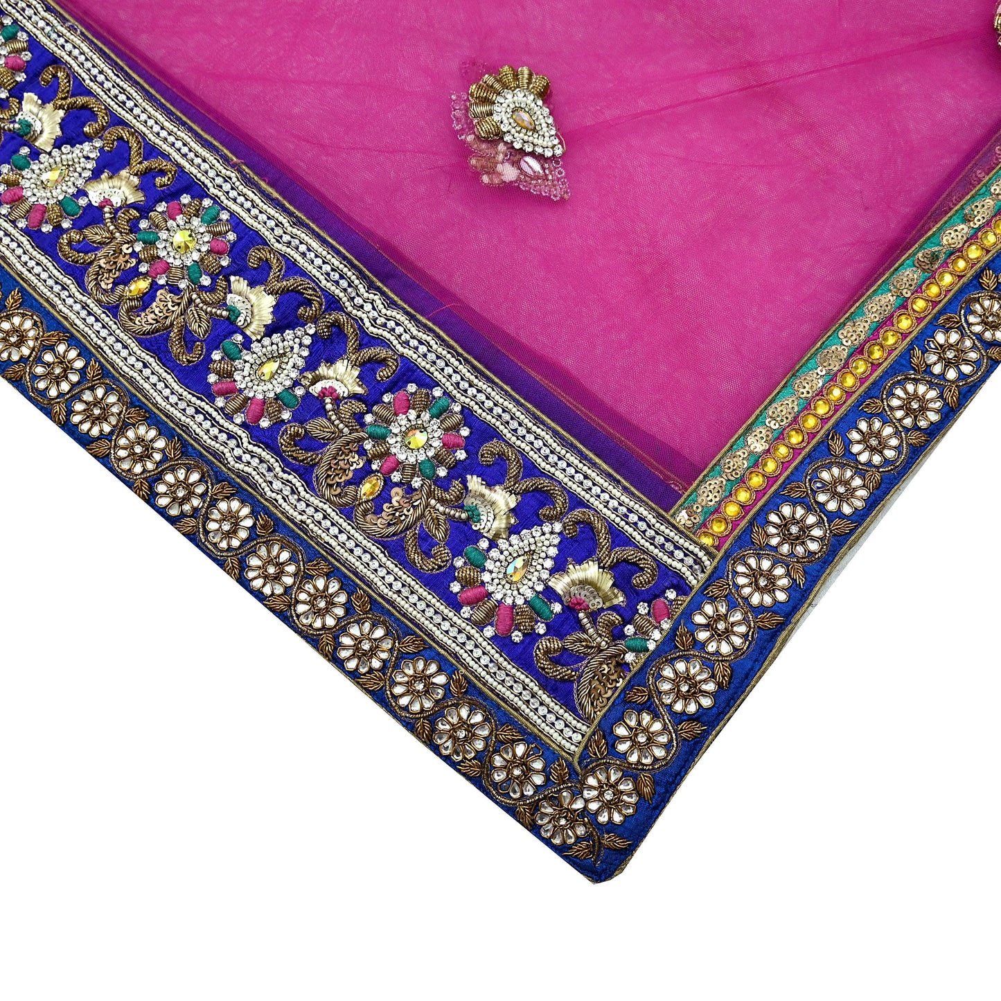 Indian Vintage Heavy Bridal Pink Dupatta Net Mesh Long Stole Hand Embroidered Scarves Golden Zardozi Dabka Zari Sequins Wedding Veil Hijab