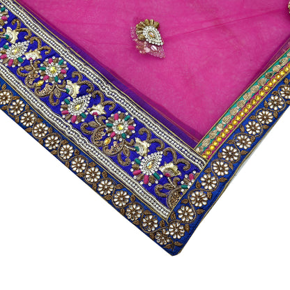 Indian Vintage Heavy Bridal Pink Dupatta Net Mesh Long Stole Hand Embroidered Scarves Golden Zardozi Dabka Zari Sequins Wedding Veil Hijab