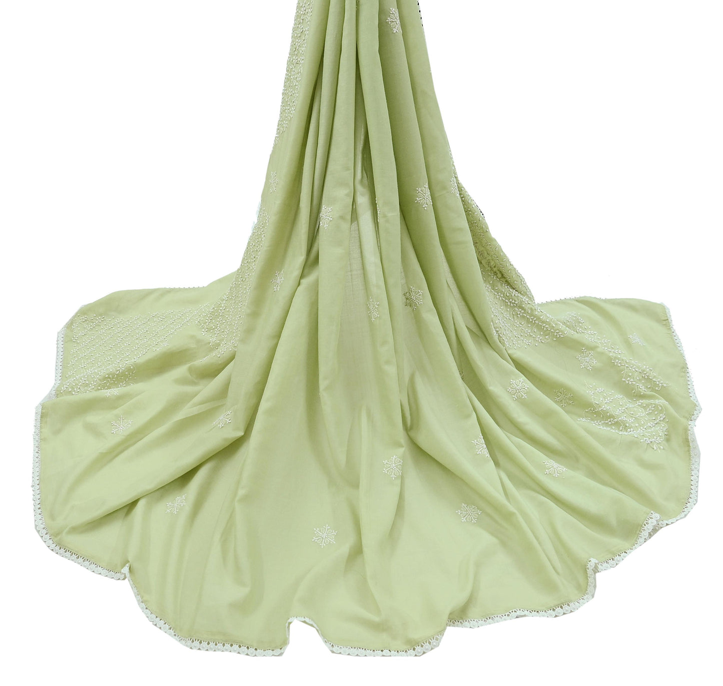Indian Vintage Dupatta Green Long Stole Cotton Handmade Chikankari Scarves Veil Scarf Wrap Hippie Boho Soft