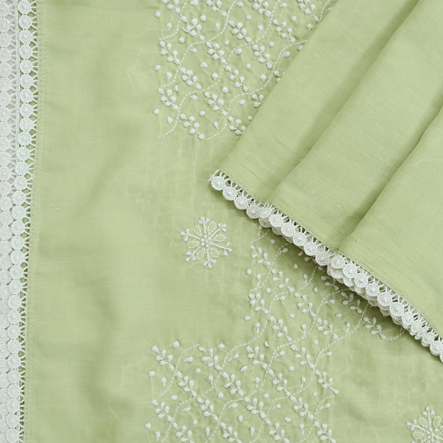 Indian Vintage Dupatta Green Long Stole Cotton Handmade Chikankari Scarves Veil Scarf Wrap Hippie Boho Soft