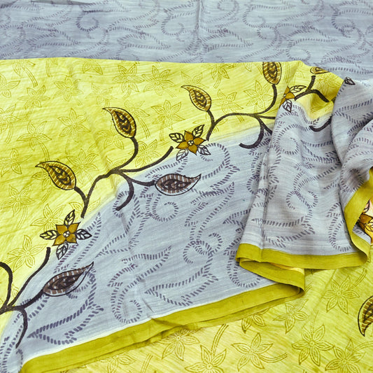 Indian Vintage Sari Green & Gray Pure Crepe Silk Printed Sarees 5yd Sewing Soft Craft Fabric Wrap Upcycle Quilting Crafting Dress making