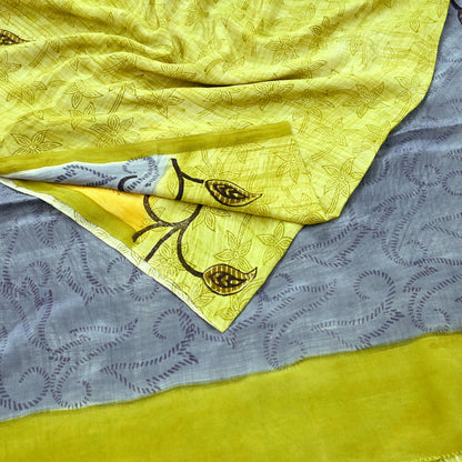 Indian Vintage Sari Green & Gray Pure Crepe Silk Printed Sarees 5yd Sewing Soft Craft Fabric Wrap Upcycle Quilting Crafting Dress making