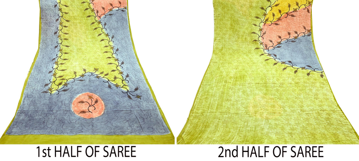 Indian Vintage Sari Green & Gray Pure Crepe Silk Printed Sarees 5yd Sewing Soft Craft Fabric Wrap Upcycle Quilting Crafting Dress making