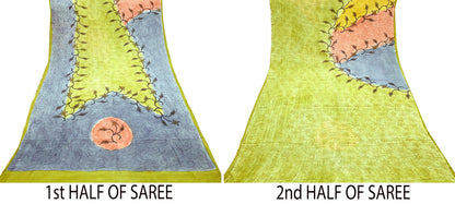 Indian Vintage Sari Green & Gray Pure Crepe Silk Printed Sarees 5yd Sewing Soft Craft Fabric Wrap Upcycle Quilting Crafting Dress making