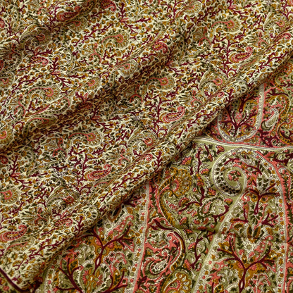 Indian Vintage Sari Beige Pure Silk Printed Saree 6Yards Soft Floral Fabric for Dressmaking, Quilting, Crafting, Sewing, Dress Making