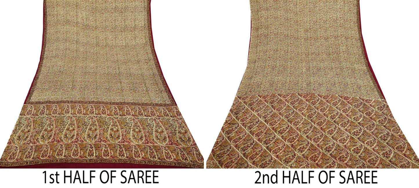 Indian Vintage Sari Beige Pure Silk Printed Saree 6Yards Soft Floral Fabric for Dressmaking, Quilting, Crafting, Sewing, Dress Making