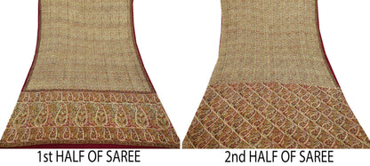 Indian Vintage Sari Beige Pure Silk Printed Saree 6Yards Soft Floral Fabric for Dressmaking, Quilting, Crafting, Sewing, Dress Making