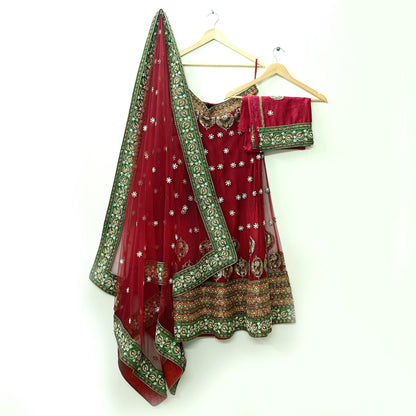 Indian Heavy Maroon Pure Chanderi Silk/Net Hand Embroidered Lehenga 3pcs Set By Designer Sabyasachi Bridal Wear Bollywood party wear