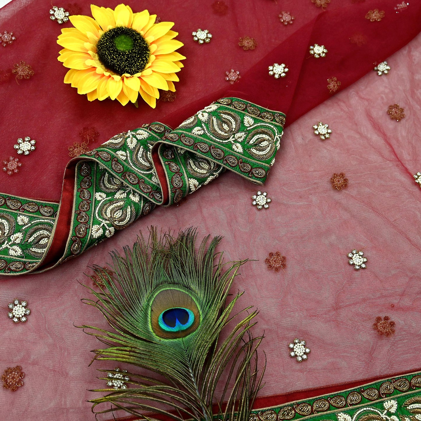 Indian Vintage Heavy Wedding Dupatta Maroon Net Long Stole Hand Embroidered By Designer Sabyasachi Scarves Zardozi Bridal Veil