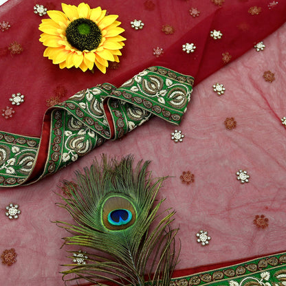 Indian Vintage Heavy Wedding Dupatta Maroon Net Long Stole Hand Embroidered By Designer Sabyasachi Scarves Zardozi Bridal Veil