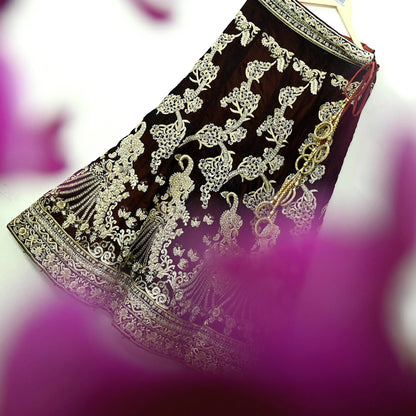 Indian Heavy Wedding Maroon Velvet Hand Embroidered Lehenga/Skirt Designer By Manish Malhotra Bridal Wear Zardozi/ Dabka