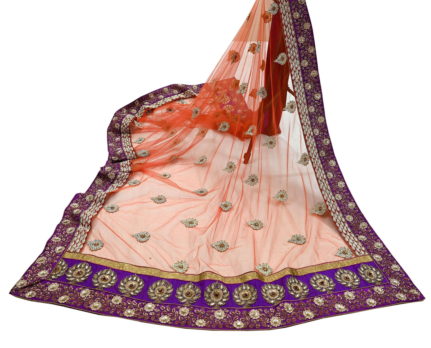 Indian Vintage Heavy Wedding Dupatta Orange Net Long Stole Hand Embroidered By Designer Sabyasachi Scarves Zardozi Bridal Veil
