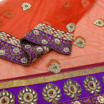 Indian Vintage Heavy Wedding Dupatta Orange Net Long Stole Hand Embroidered By Designer Sabyasachi Scarves Zardozi Bridal Veil