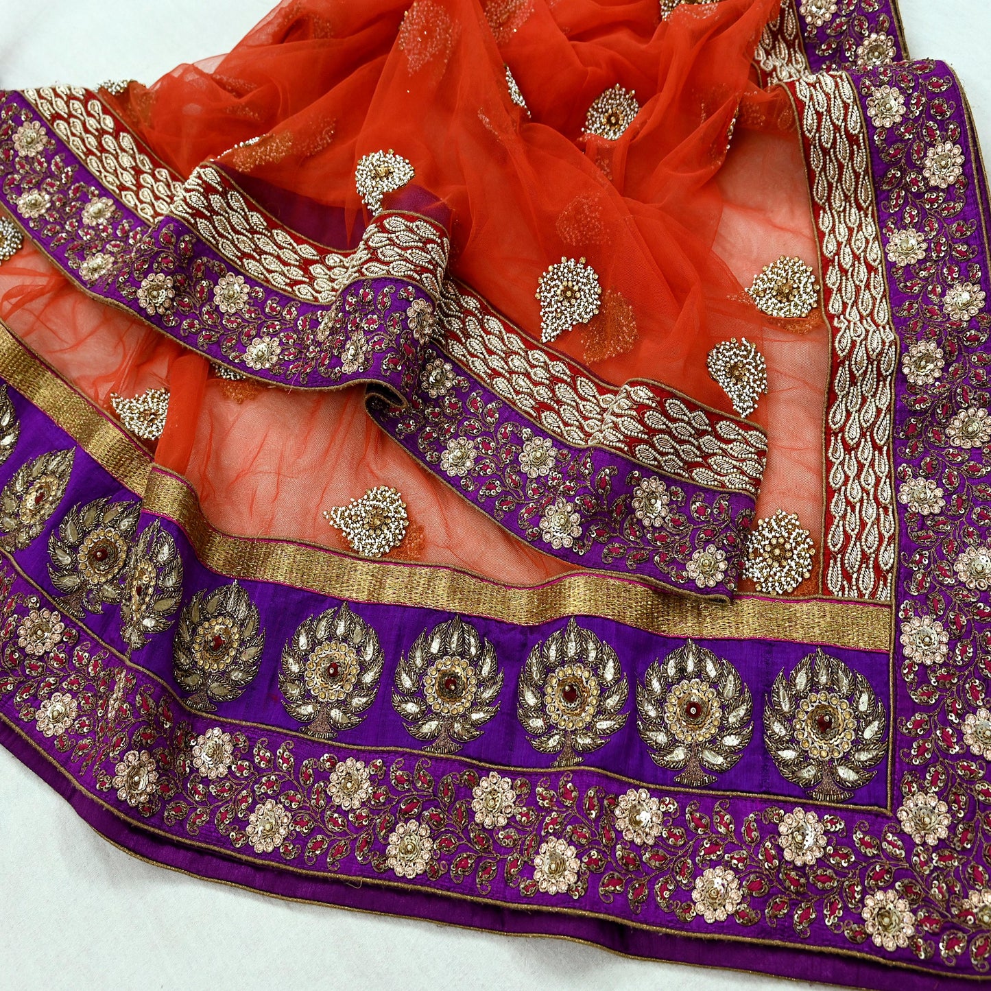 Indian Vintage Heavy Wedding Dupatta Orange Net Long Stole Hand Embroidered By Designer Sabyasachi Scarves Zardozi Bridal Veil