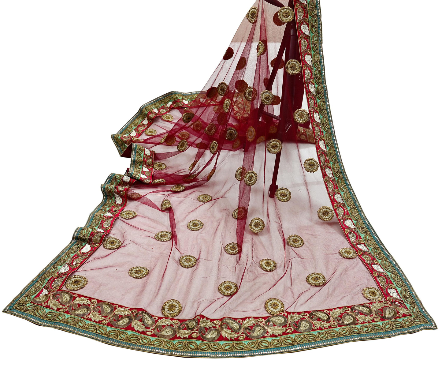 Indian Vintage Heavy Wedding Dupatta Maroon Net Long Stole Hand Embroidered By Designer Sabyasachi Scarves Zardozi Bridal Veil