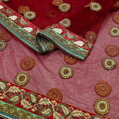 Indian Vintage Heavy Wedding Dupatta Maroon Net Long Stole Hand Embroidered By Designer Sabyasachi Scarves Zardozi Bridal Veil
