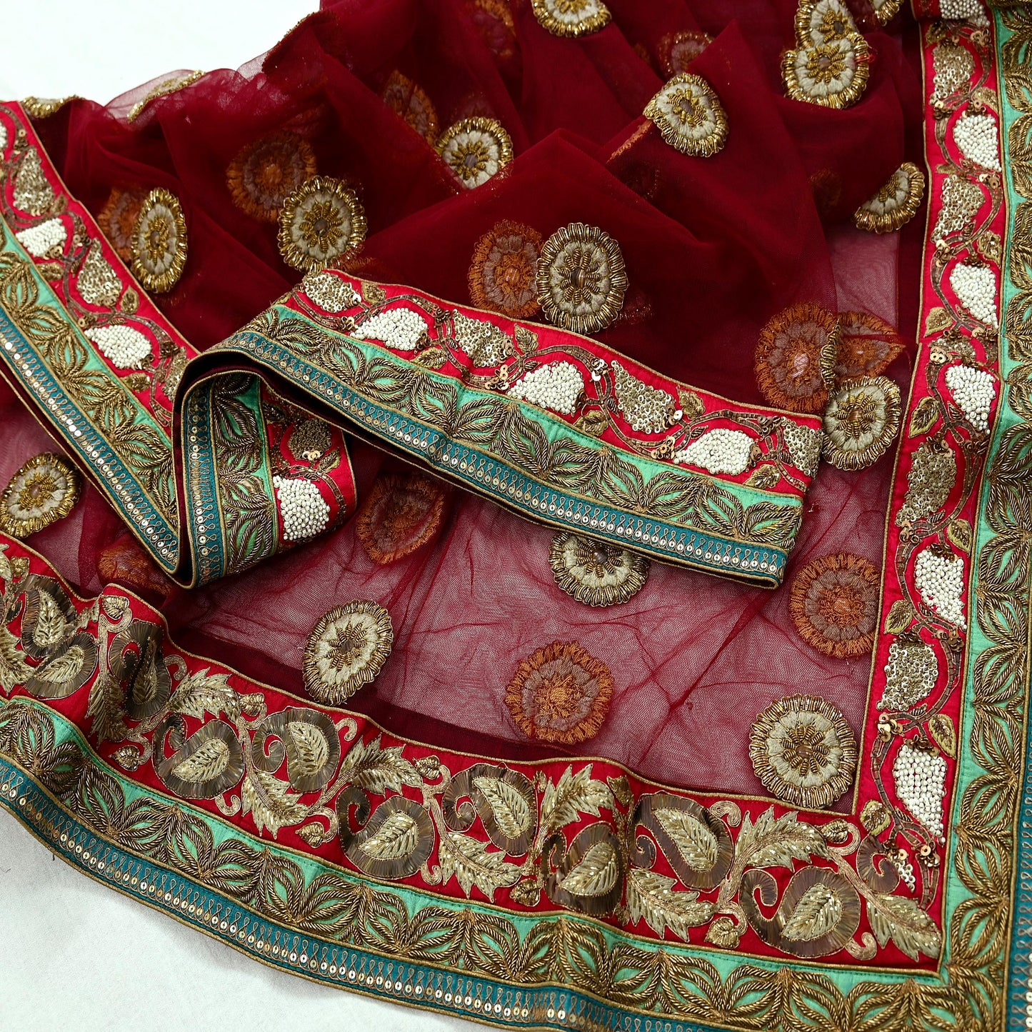 Indian Vintage Heavy Wedding Dupatta Maroon Net Long Stole Hand Embroidered By Designer Sabyasachi Scarves Zardozi Bridal Veil