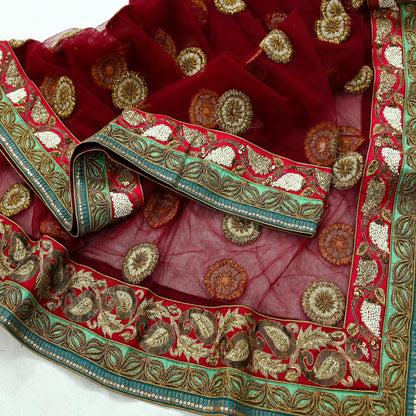Indian Vintage Heavy Wedding Dupatta Maroon Net Long Stole Hand Embroidered By Designer Sabyasachi Scarves Zardozi Bridal Veil