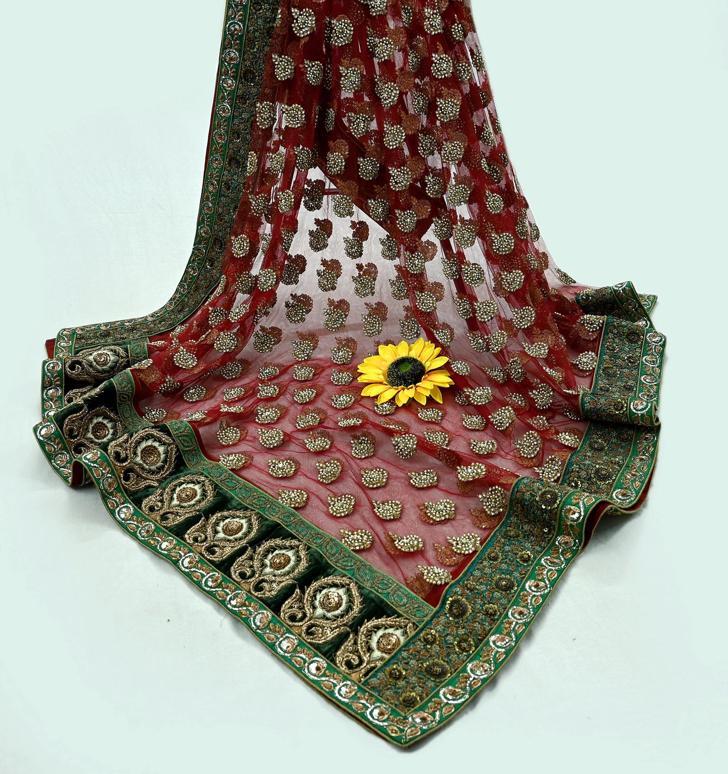 Indian Vintage Heavy Wedding Dupatta Maroon Net Long Stole Hand Embroidered By Designer Sabyasachi Scarves Zardozi Bridal Veil Hijab