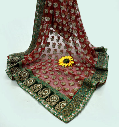 Indian Vintage Heavy Wedding Dupatta Maroon Net Long Stole Hand Embroidered By Designer Sabyasachi Scarves Zardozi Bridal Veil Hijab