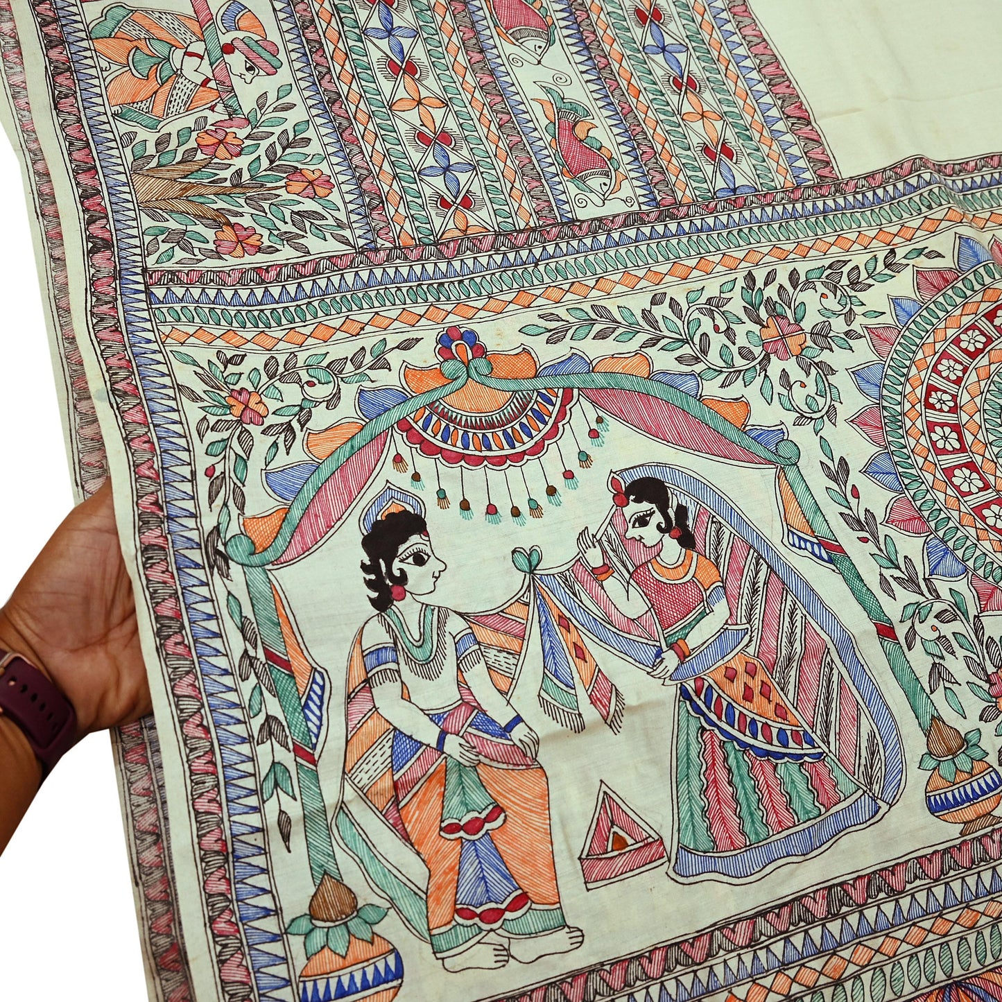 Indian Vintage Ivory Saree Pure Silk Hand Painted MadhuBani Sari Craft Fabric 5yd Ethnic Wear Sari Floral Dress Designing