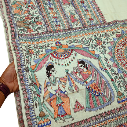 Indian Vintage Ivory Saree Pure Silk Hand Painted MadhuBani Sari Craft Fabric 5yd Ethnic Wear Sari Floral Dress Designing