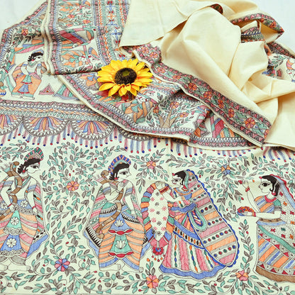 Indian Vintage Ivory Saree Pure Silk Hand Painted MadhuBani Sari Craft Fabric 5yd Ethnic Wear Sari Floral Dress Designing