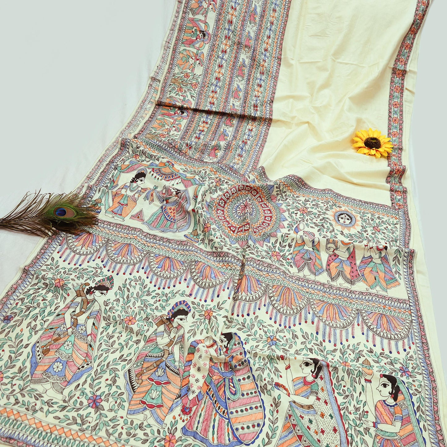 Indian Vintage Ivory Saree Pure Silk Hand Painted MadhuBani Sari Craft Fabric 5yd Ethnic Wear Sari Floral Dress Designing