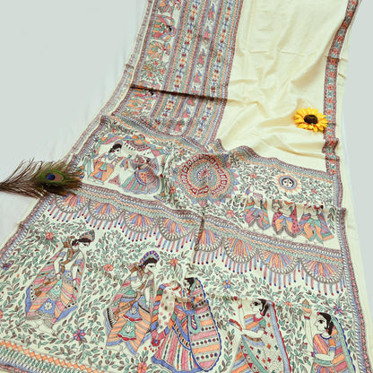 Indian Vintage Ivory Saree Pure Silk Hand Painted MadhuBani Sari Craft Fabric 5yd Ethnic Wear Sari Floral Dress Designing