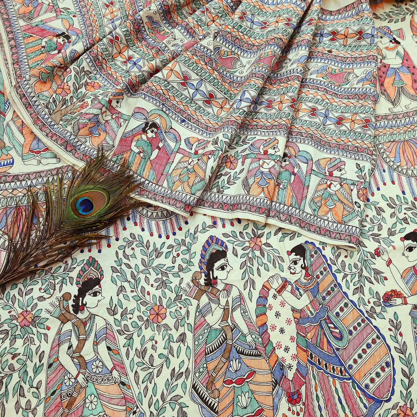 Indian Vintage Ivory Saree Pure Silk Hand Painted MadhuBani Sari Craft Fabric 5yd Ethnic Wear Sari Floral Dress Designing