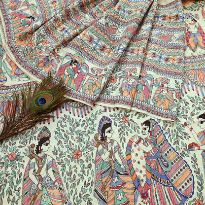 Indian Vintage Ivory Saree Pure Silk Hand Painted MadhuBani Sari Craft Fabric 5yd Ethnic Wear Sari Floral Dress Designing