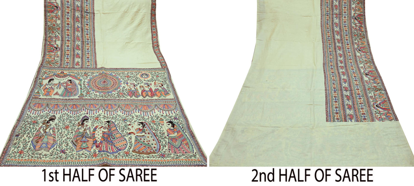 Indian Vintage Ivory Saree Pure Silk Hand Painted MadhuBani Sari Craft Fabric 5yd Ethnic Wear Sari Floral Dress Designing