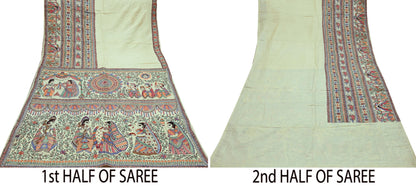 Indian Vintage Ivory Saree Pure Silk Hand Painted MadhuBani Sari Craft Fabric 5yd Ethnic Wear Sari Floral Dress Designing