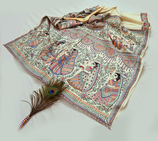 Indian Vintage Ivory Saree Pure Silk Hand Painted MadhuBani Sari Craft Fabric 5yd Ethnic Wear Sari Floral Dress Designing