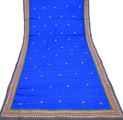 Indian Vintage Blue Dupatta Pure Silk Long Stole Hand Embroidered Scarves Floral Design Stole Veil Wrap Sequins