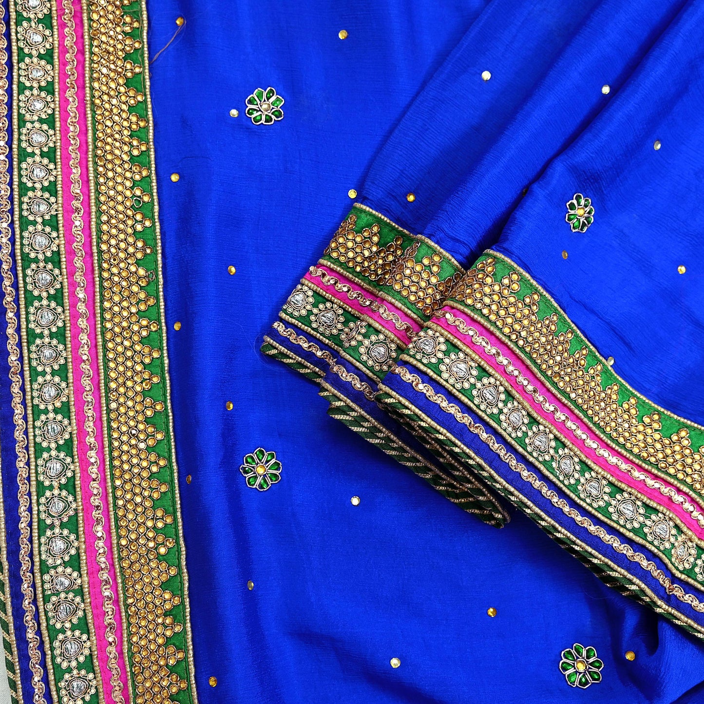 Indian Vintage Blue Dupatta Pure Silk Long Stole Hand Embroidered Scarves Floral Design Stole Veil Wrap Sequins